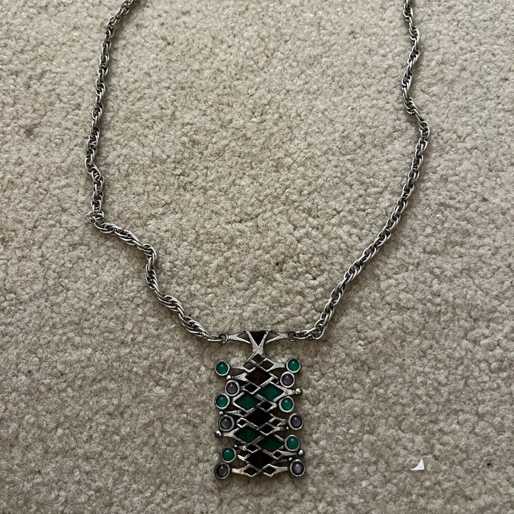 Unique necklace in silver with green and gray stones